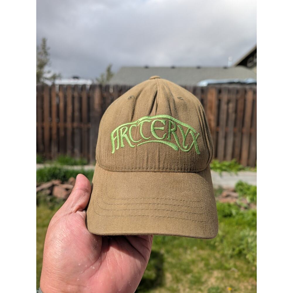 Arc'teryx 110 Flexfit Snapback Hat Olive Green Lime Spellout Bird Logo Cap Vtg